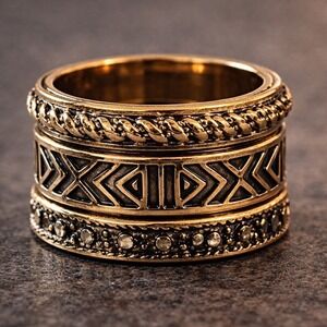 Antique Gold Boho Stacking Ring Set 3pc Chevron Rope Pavé Bohemian Rings Sz 6.5
